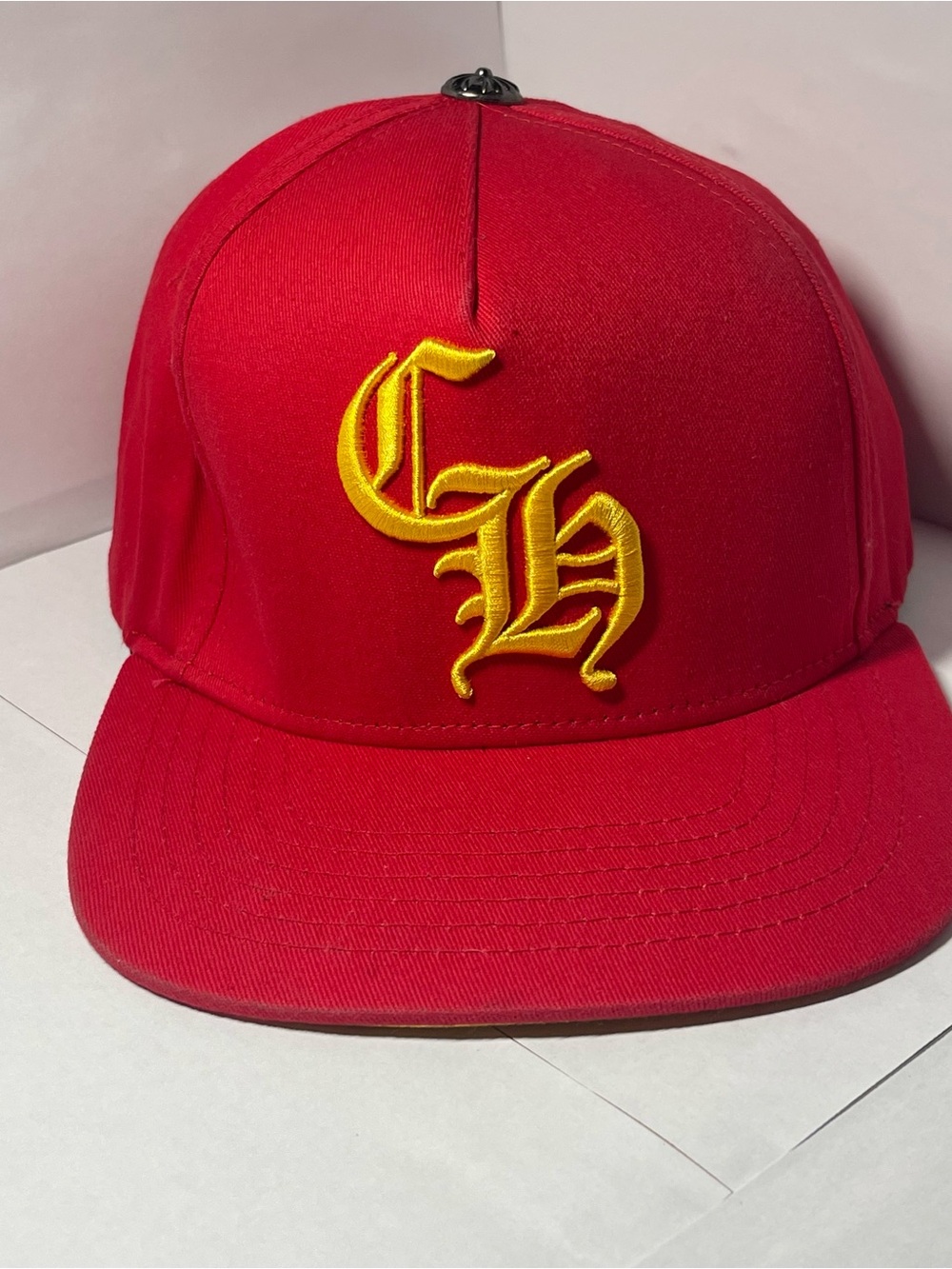 NEW- Chrome Hearts CH Logo Red/Yellow Snapback Cap Silver Button 100% Authentic
